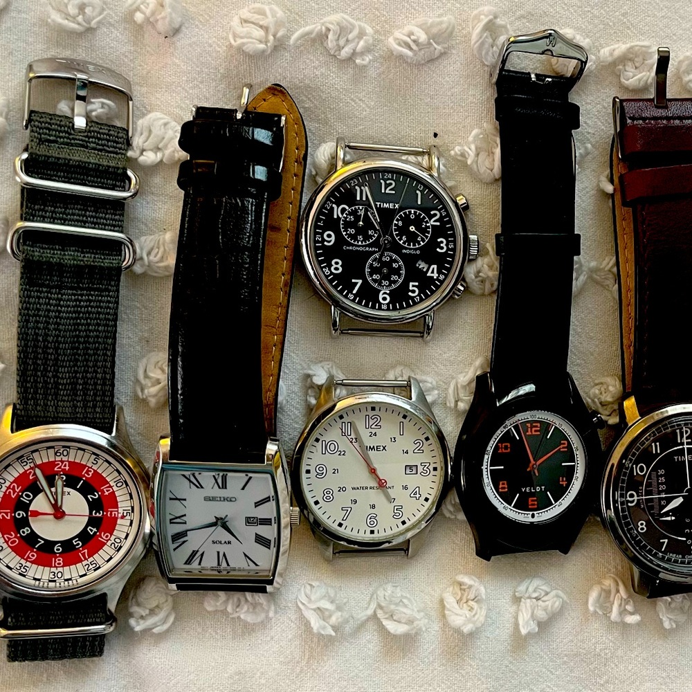 Men’s watches for sale! Timex, Seiko, Velot, and some used fabric bands!